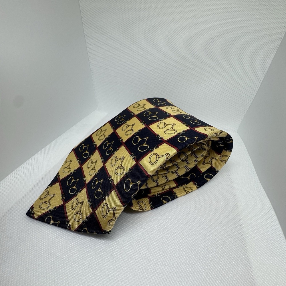Tommy Hilfiger Yellow & Blue Horsebits Vintage Menswear Italian Silk Necktie